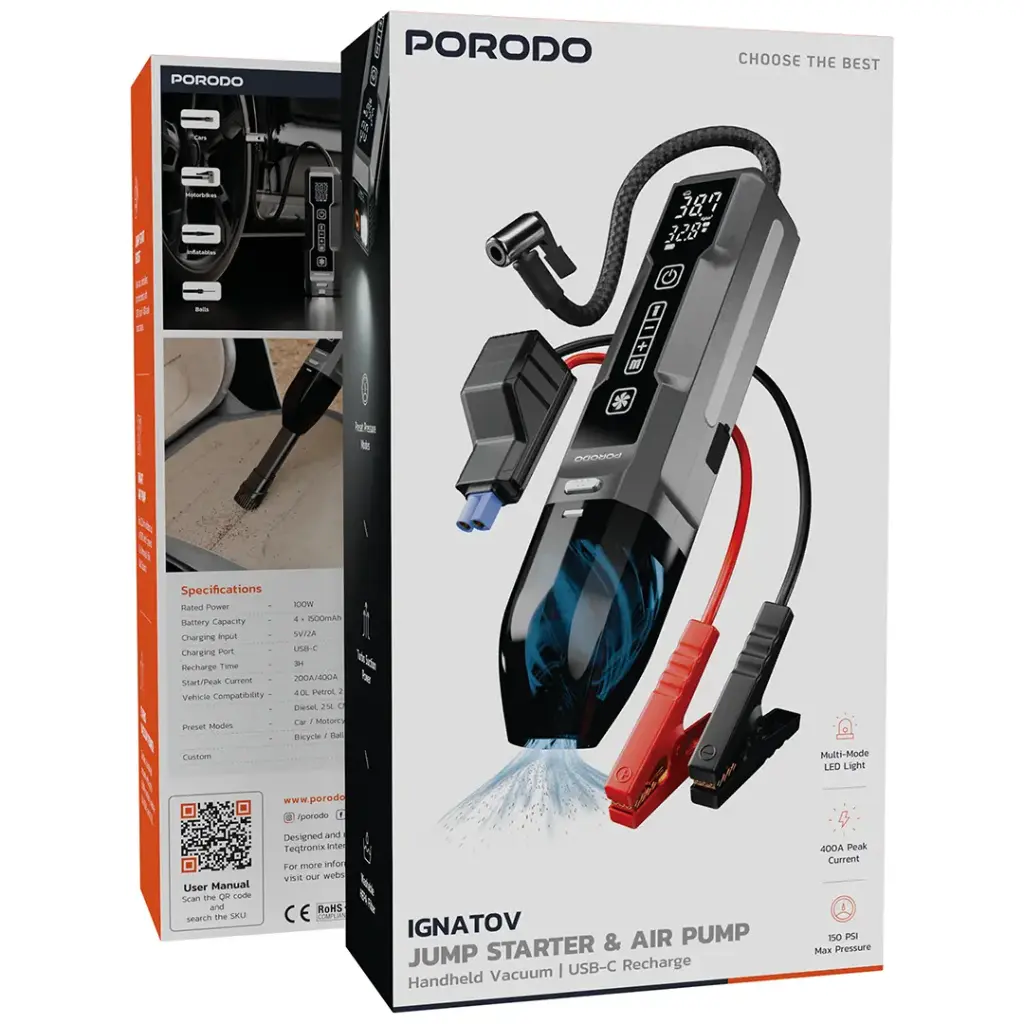 Porodo Ignatov Jump Starter & Air Pump with Handheld Vacuum & USB-C Recharge - Black