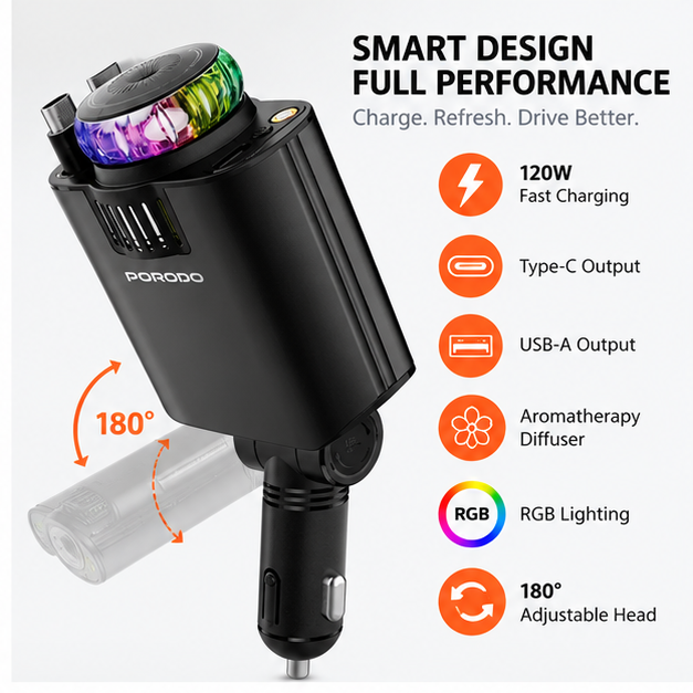 Porodo Aromaglow 120W Fast Car Charger with Aromatherapy Diffuser