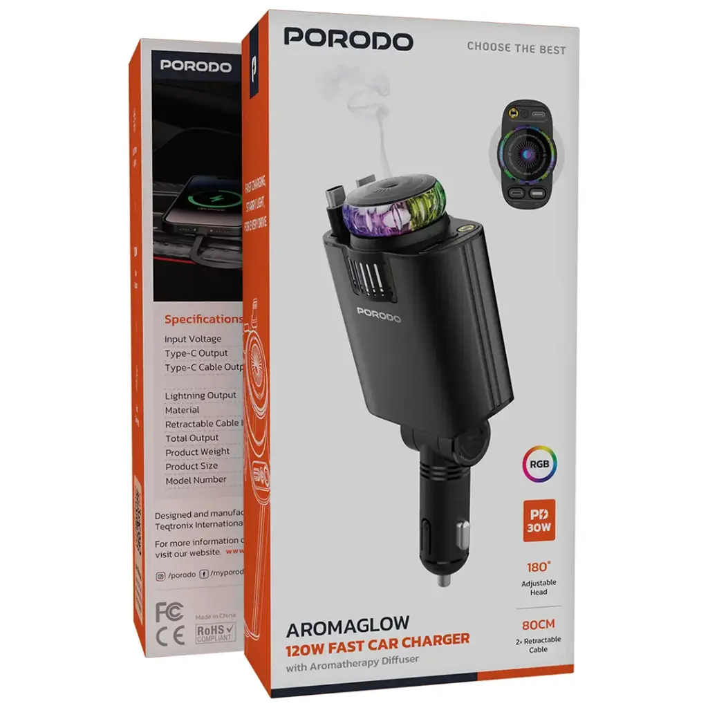 Porodo Aromaglow 120W Fast Car Charger with Aromatherapy Diffuser