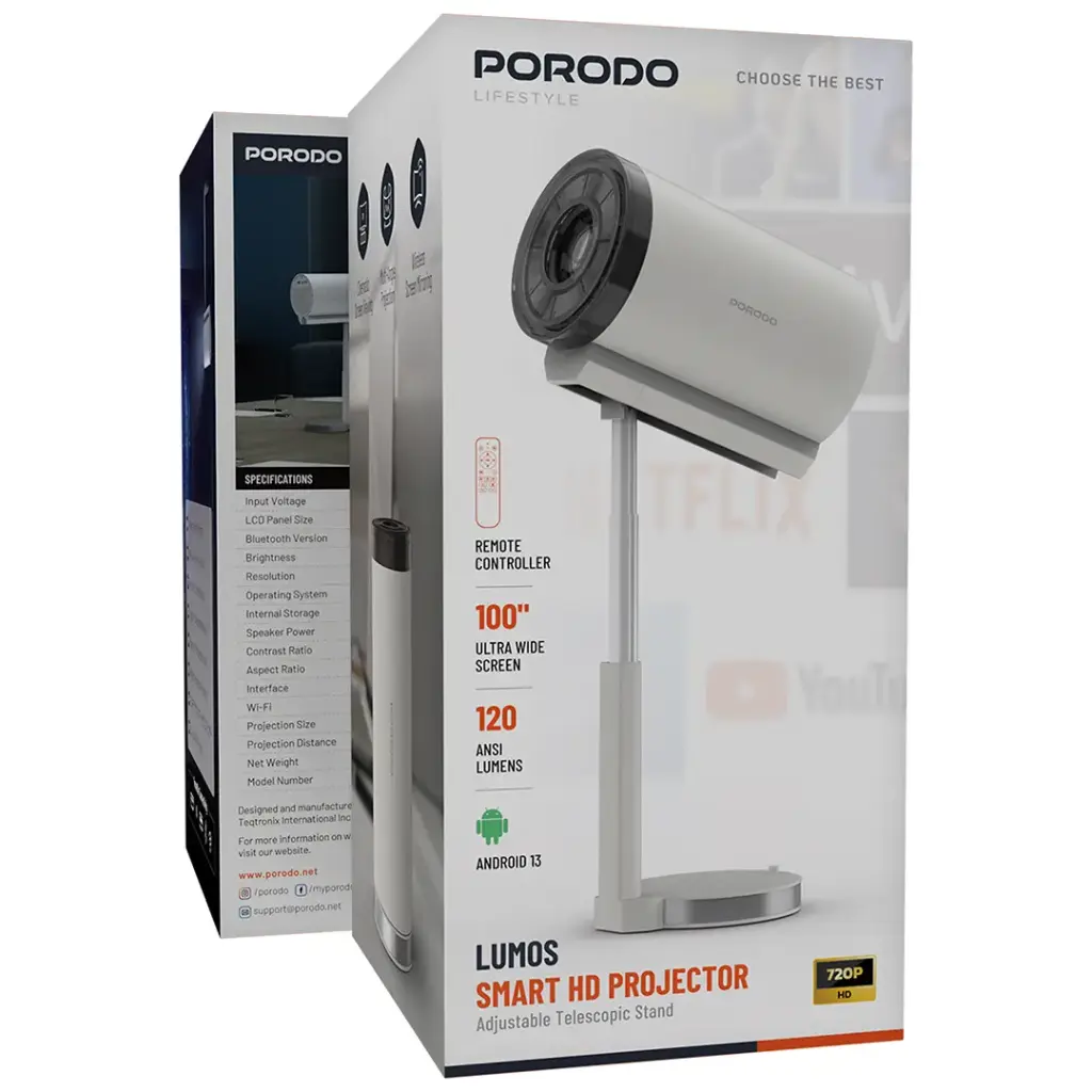 Porodo Lumos Smart HD Projector - White