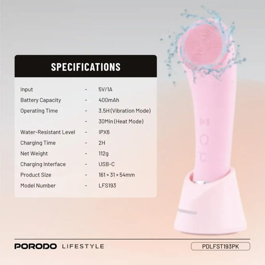 Porodo Lifestyle Sonic Vibration Facial Cleansing Brush - Pink