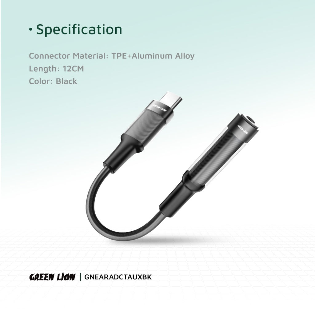 Green Lion Earphone Adapter USB-C to 3.5 Aux 12CM - Black