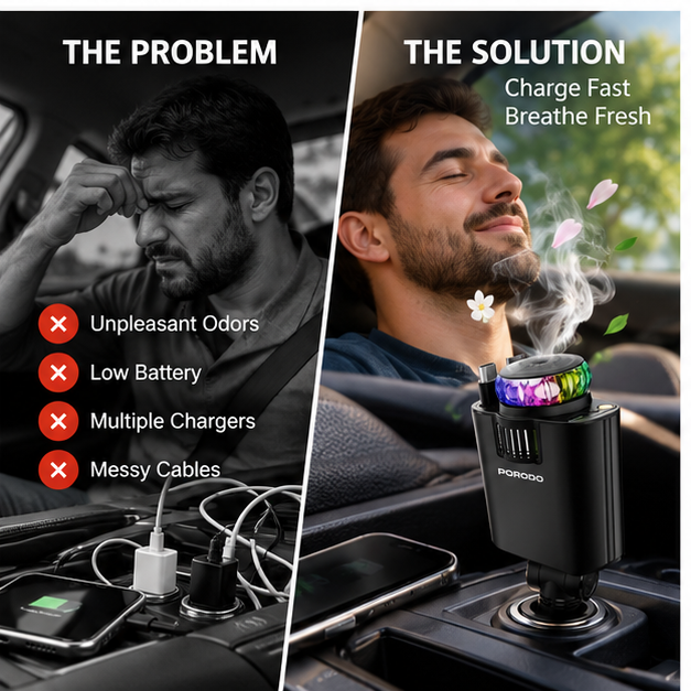 Porodo Aromaglow 120W Fast Car Charger with Aromatherapy Diffuser