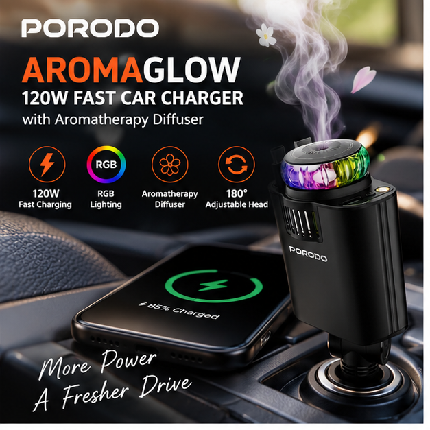 Porodo Aromaglow 120W Fast Car Charger with Aromatherapy Diffuser