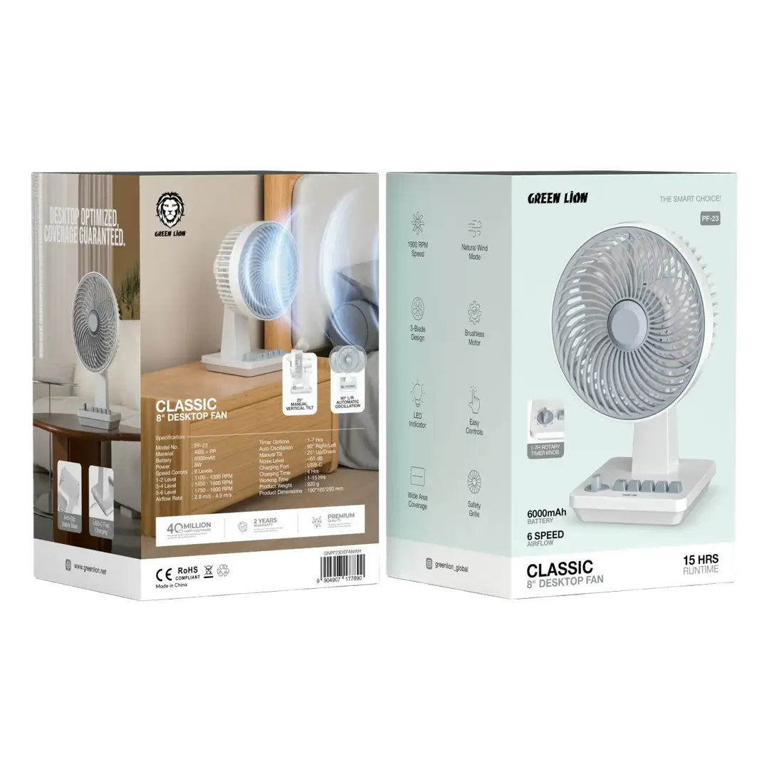 Green Lion 8" Desktop Fan Rechargeable - White