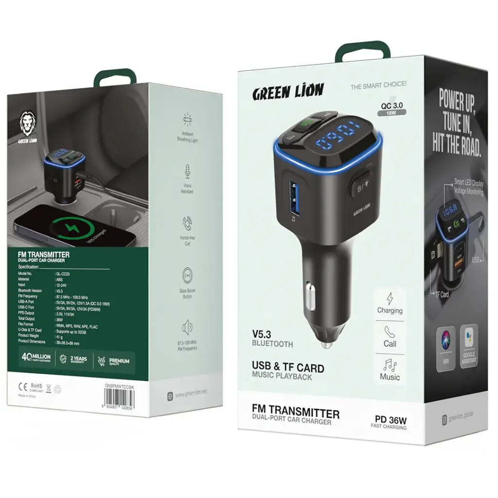 Green Lion FM Transmitter Dual-Port Car Charger - Black
