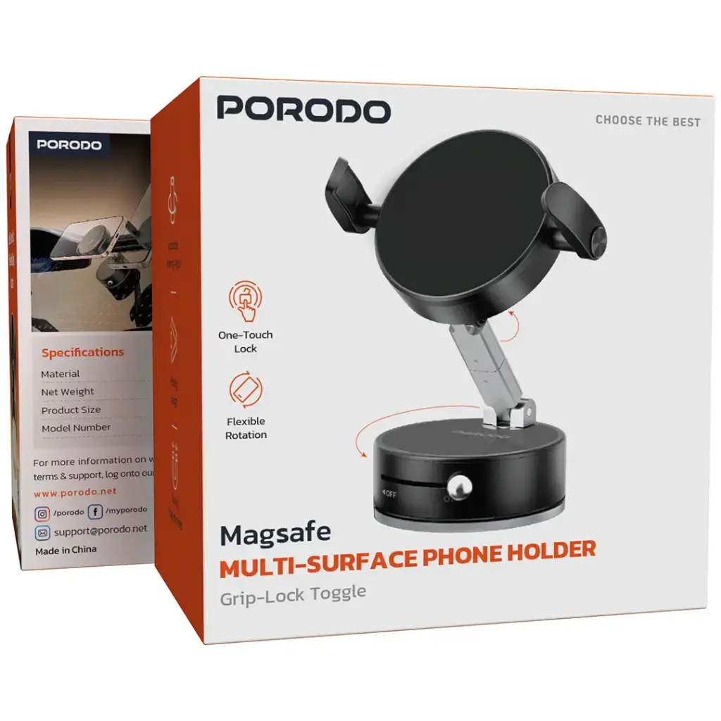 Porodo MagSafe Multi-Surface Phone Holder with Grip-Lock Toggle