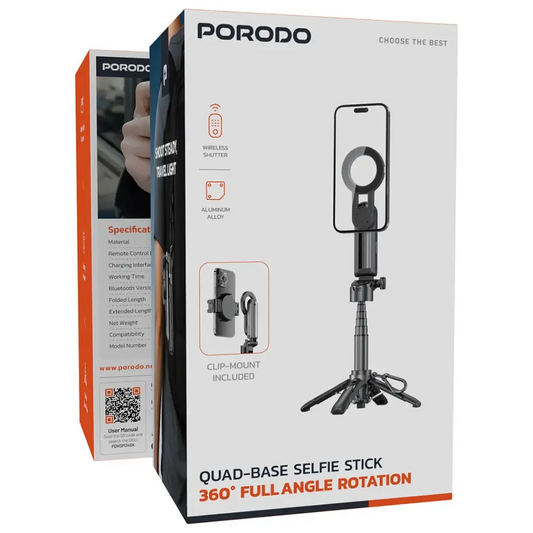 Porodo Quad-Base Selfie Stick with 360° Full Angle Rotation