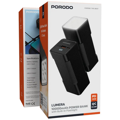 Porodo Lumera 10000mAh Power Bank with Built-In Flashlight - Black