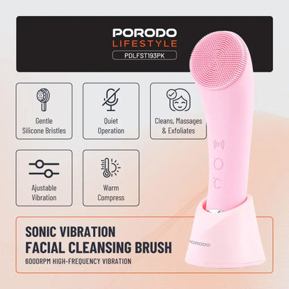 Porodo Lifestyle Sonic Vibration Facial Cleansing Brush - Pink