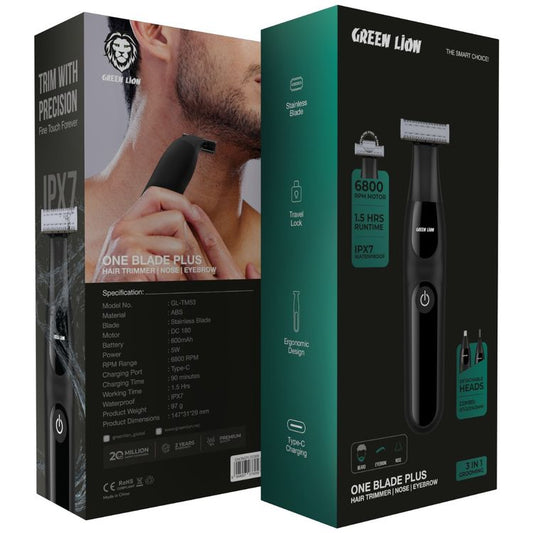 Green Lion One Blade Plus 3-in-1 Precision Trimmer - Waterproof Electric Hair, Nose & Eyebrow Grooming Kit