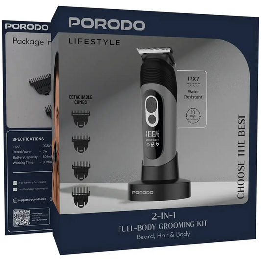 Porodo 2 IN 1 Full Body Grooming Kit Beard, Hair & Body - Black